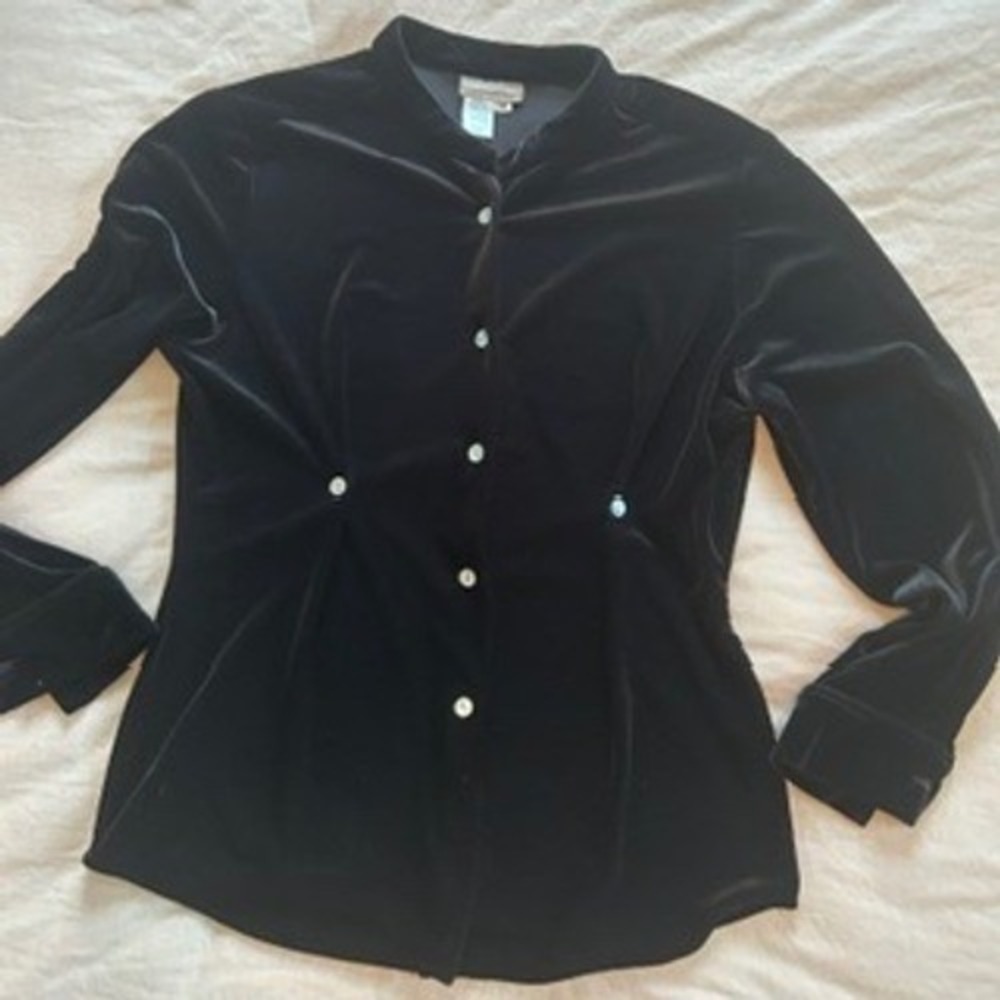 Coldwater Creek Black Stretch Velvet Button Down Mock Neck Top Small